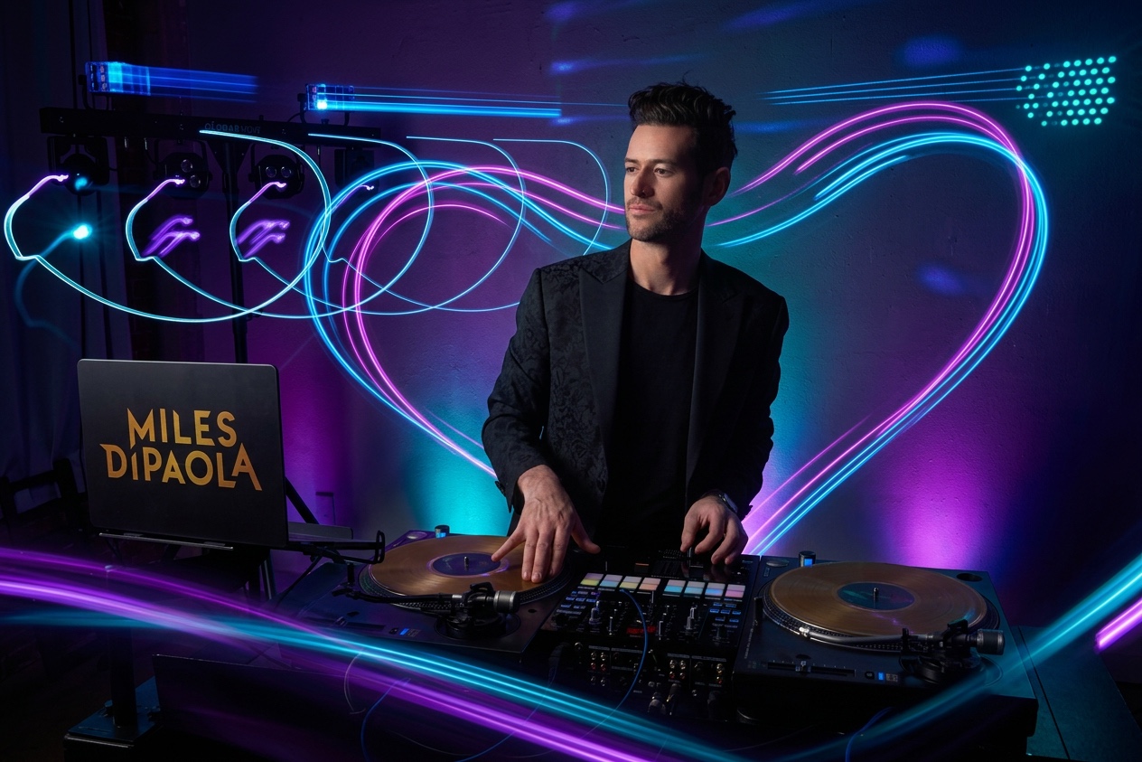 Miles behind two decks and a mixer in a studio, neon light drawn in a loop behind him.